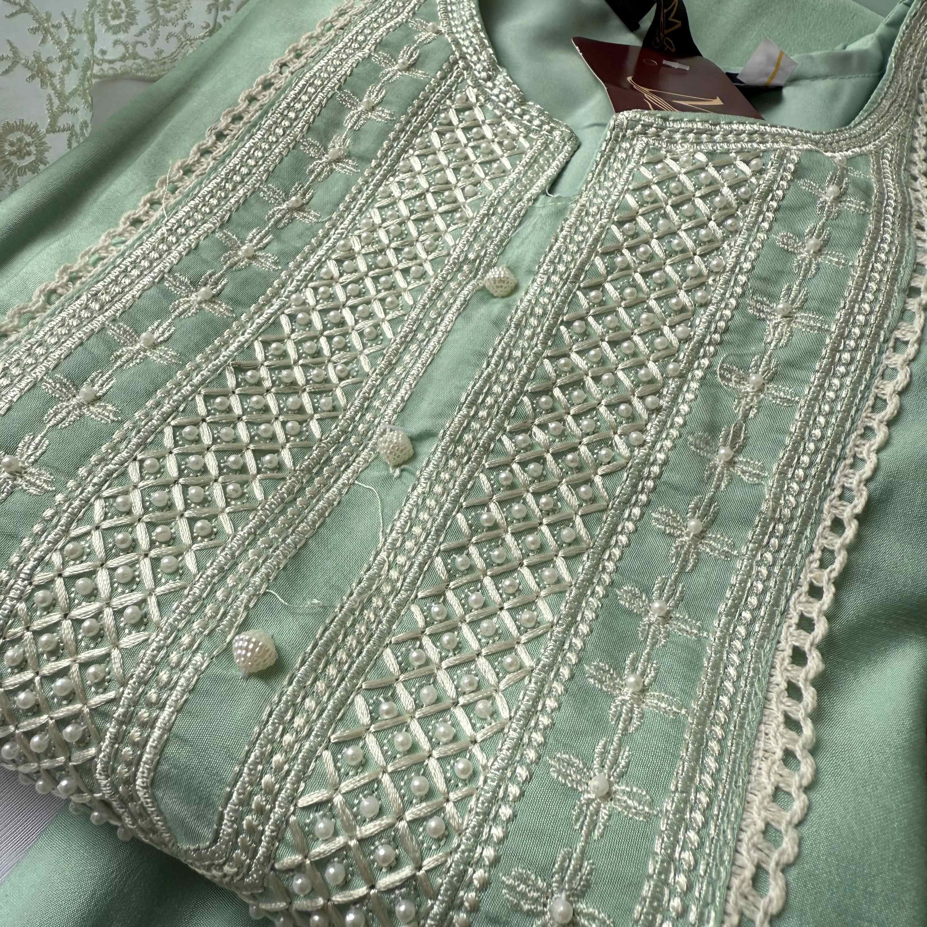Pastel Mint Green Thread Embroidery Kurti Set
