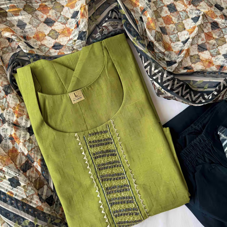 Olive Green Subtle woven Pattern Kurti Set