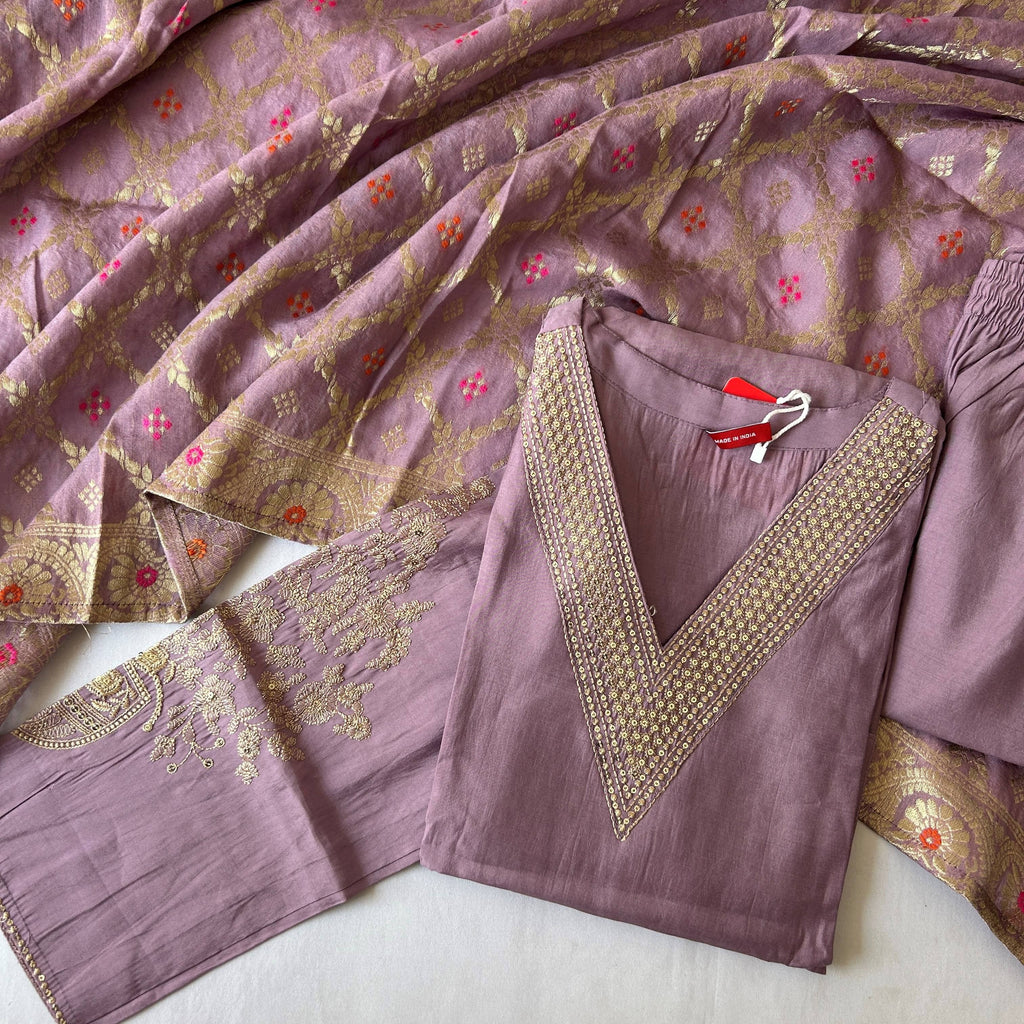 Mauve Color Golden Embroidery Kurti Set