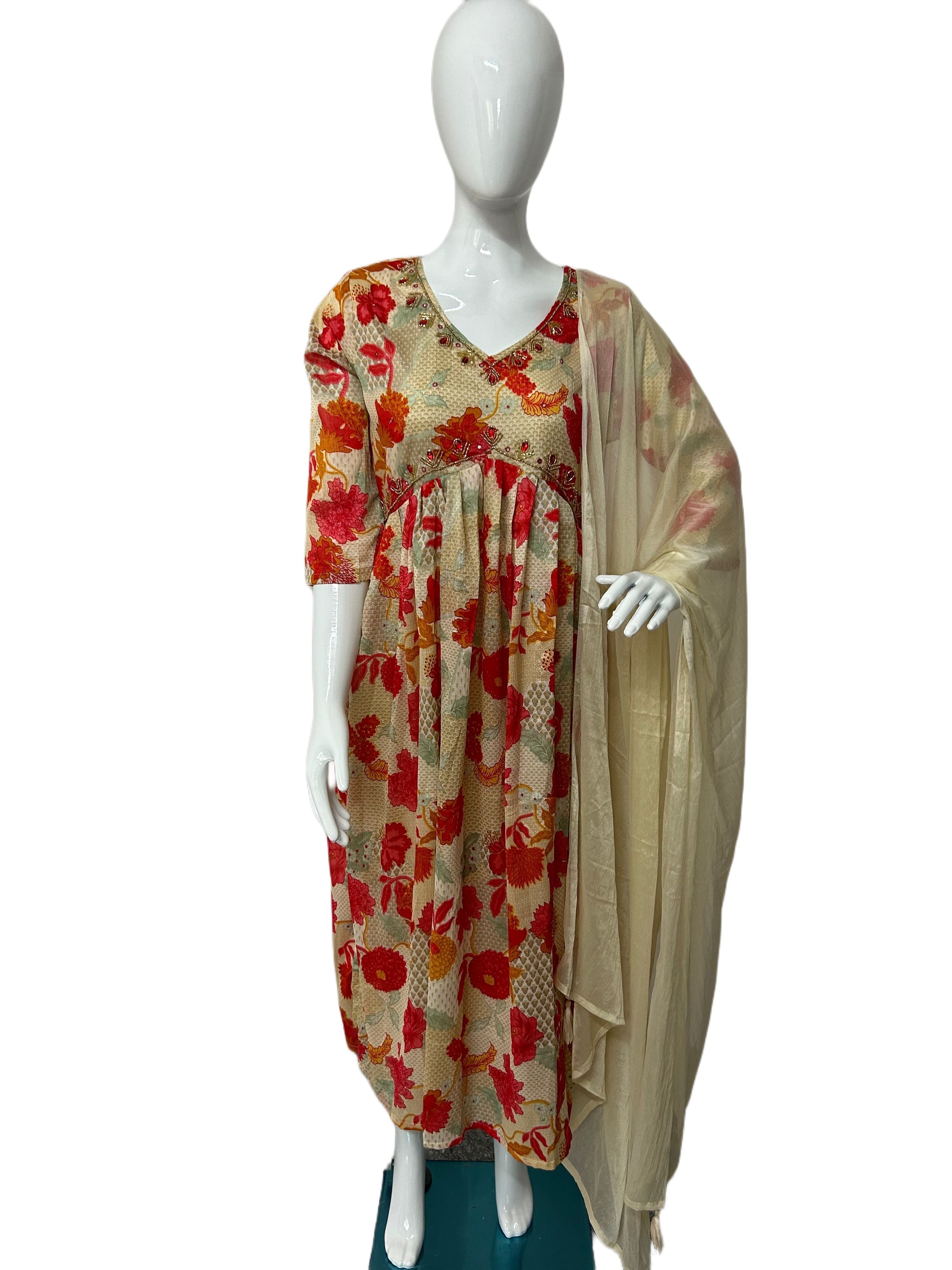 Cream Colour Flower Print Kurti Set