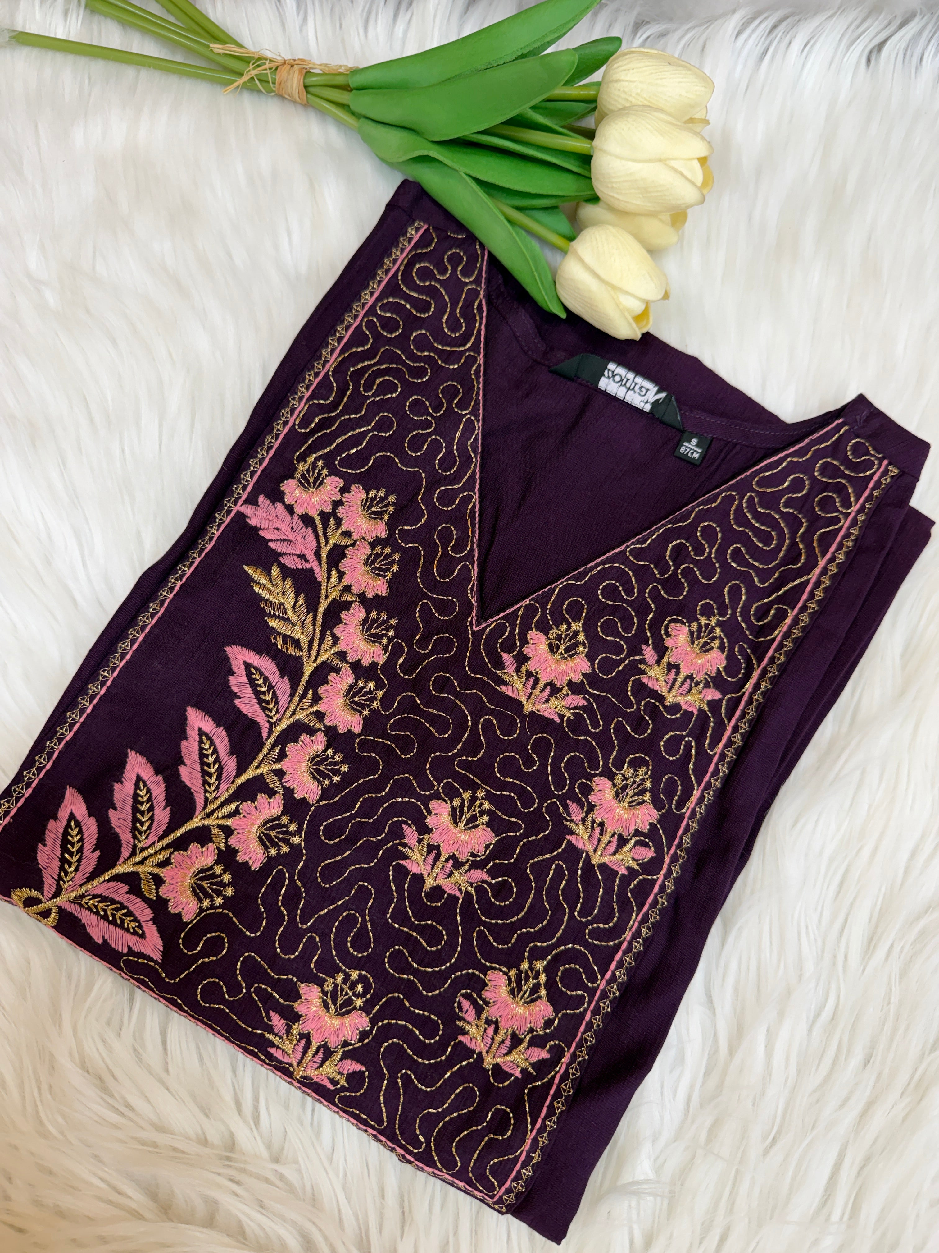 Dark Purple Embroidered Kurti - 3131