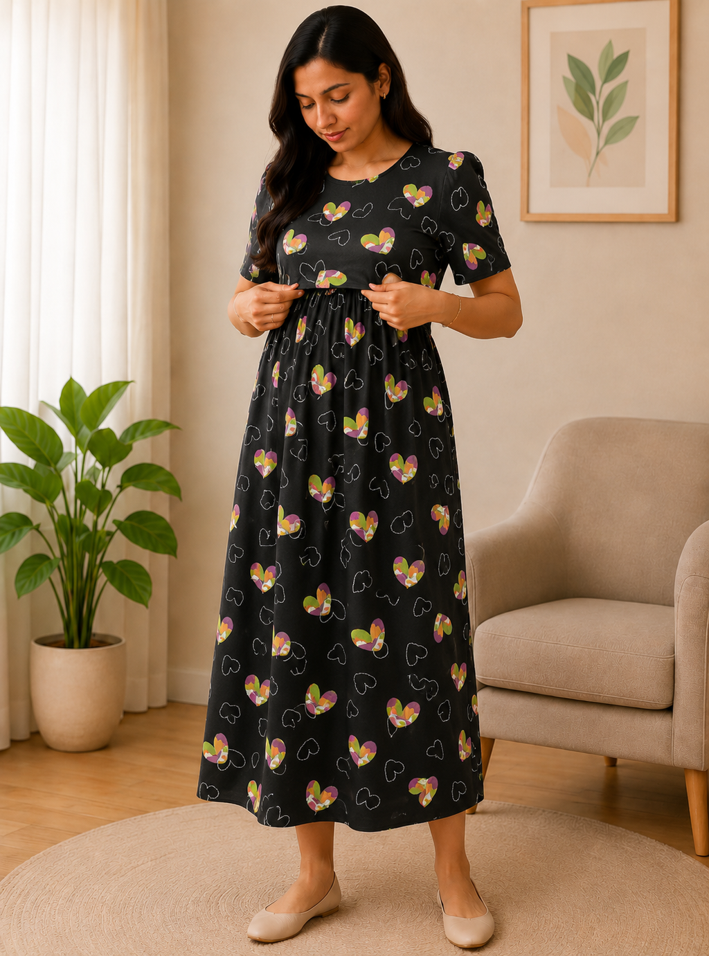 Black Multicolour Heart Zipless Maternity Wear - 3471