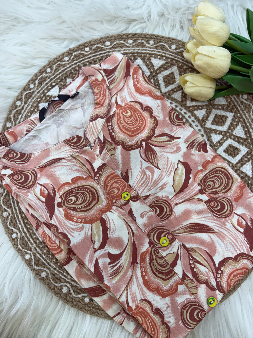 Peach Floral Collared Kurti - 3133