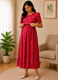 Red Floral Zipless Maternity Wear - 3468