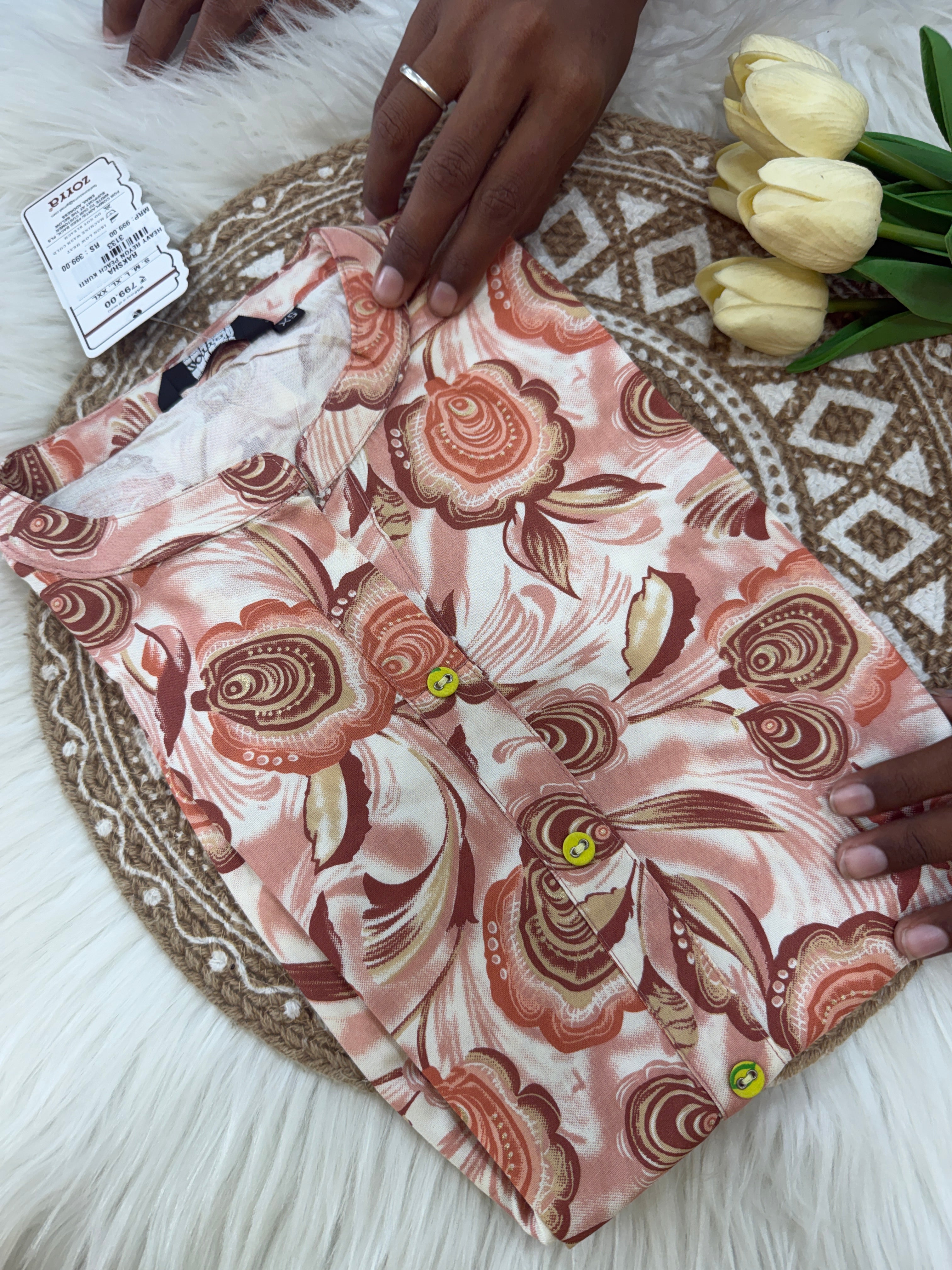 Peach Floral Collared Kurti - 3133