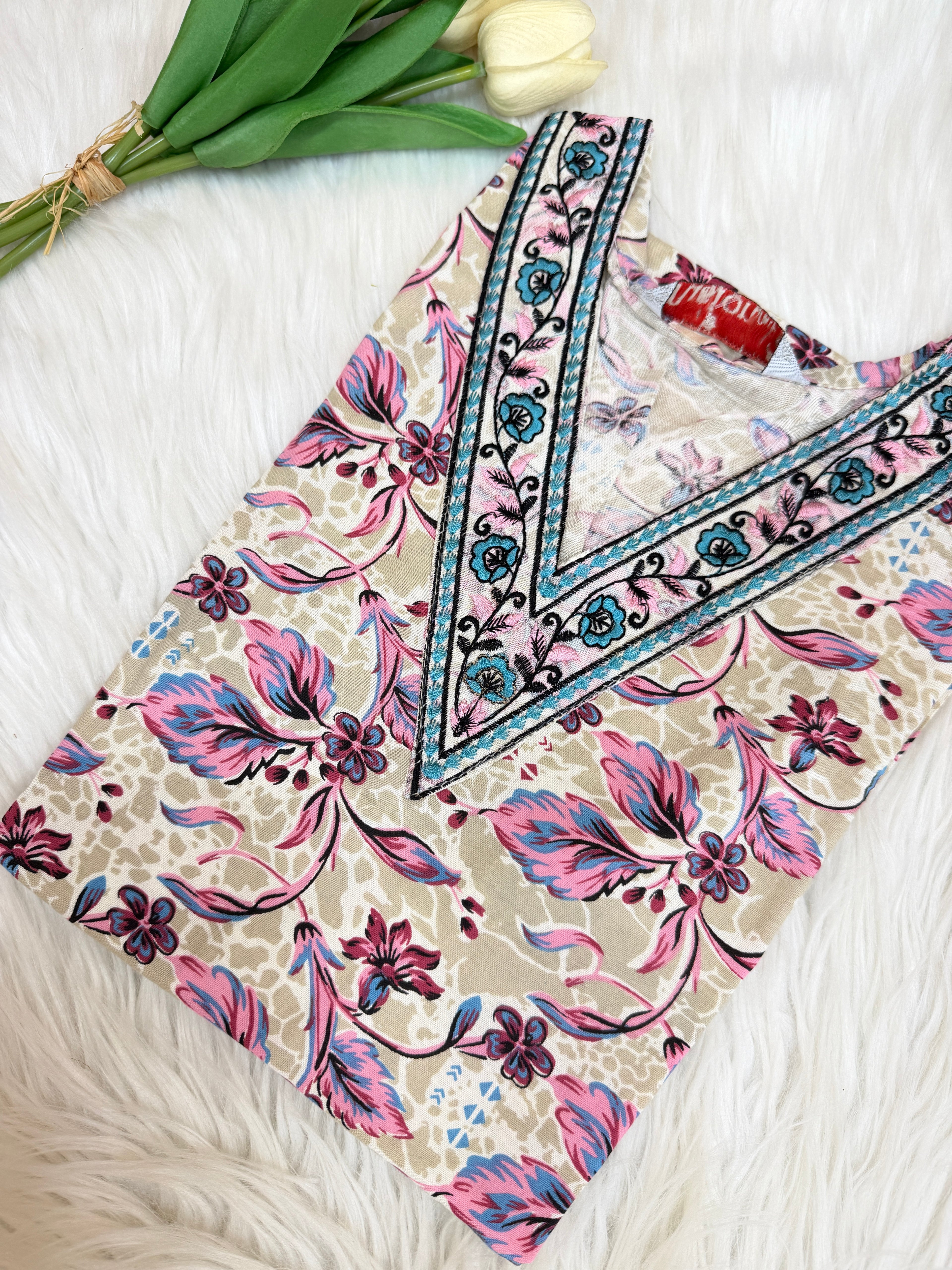 Beige Pink Floral Kurti - 3163