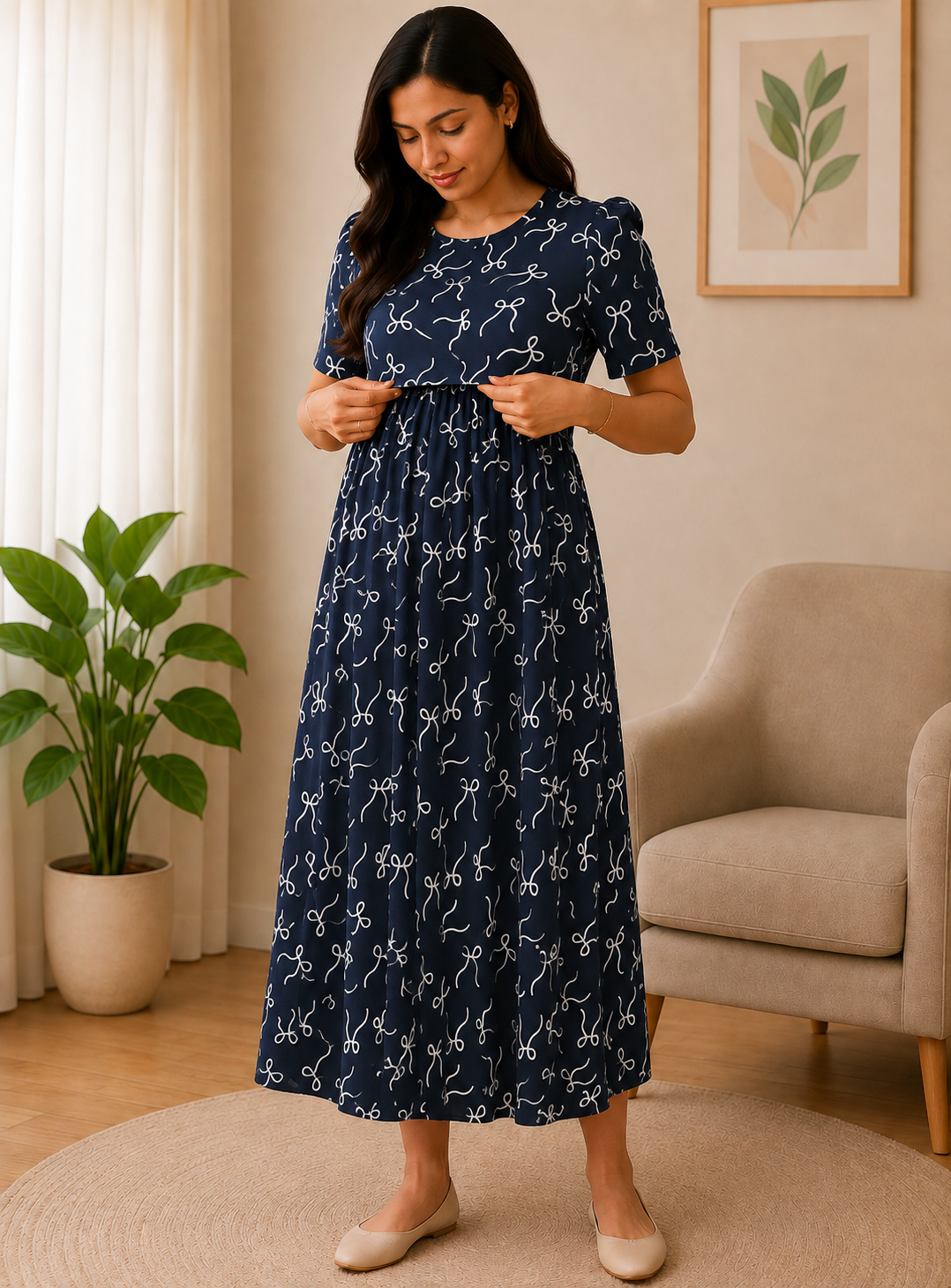 Navy Blue Bow Print Zipless Maternity Wear - 3474