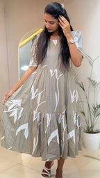Grey White Leaf Print Heavy Rayon Feeding Maxi  - 3529