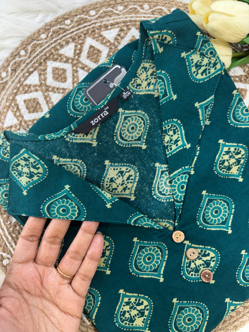 Blue Green Collared Kurti- 3137